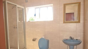 A bathroom with a glass-enclosed shower, a toilet, and a sink.