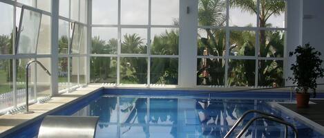 An indoor swimming pool with clear views of palm trees and a white exterior wall.