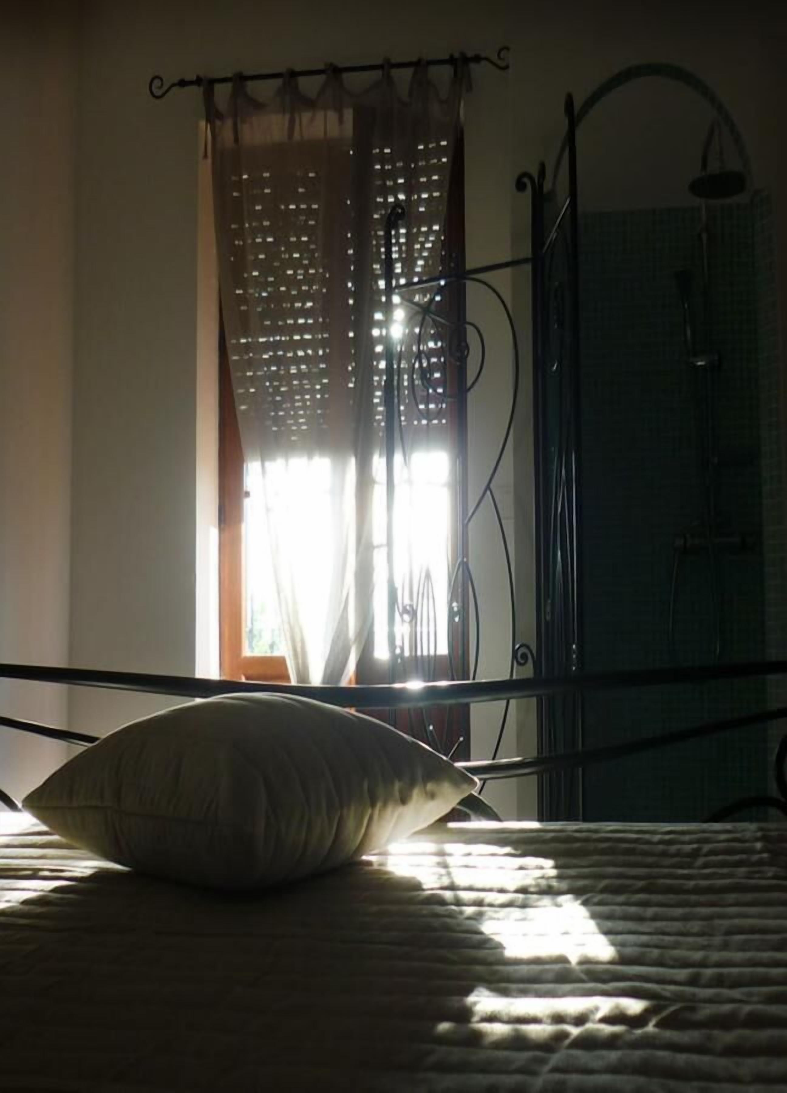 A bed with a pillow, a window with curtains, and a metal bed frame.