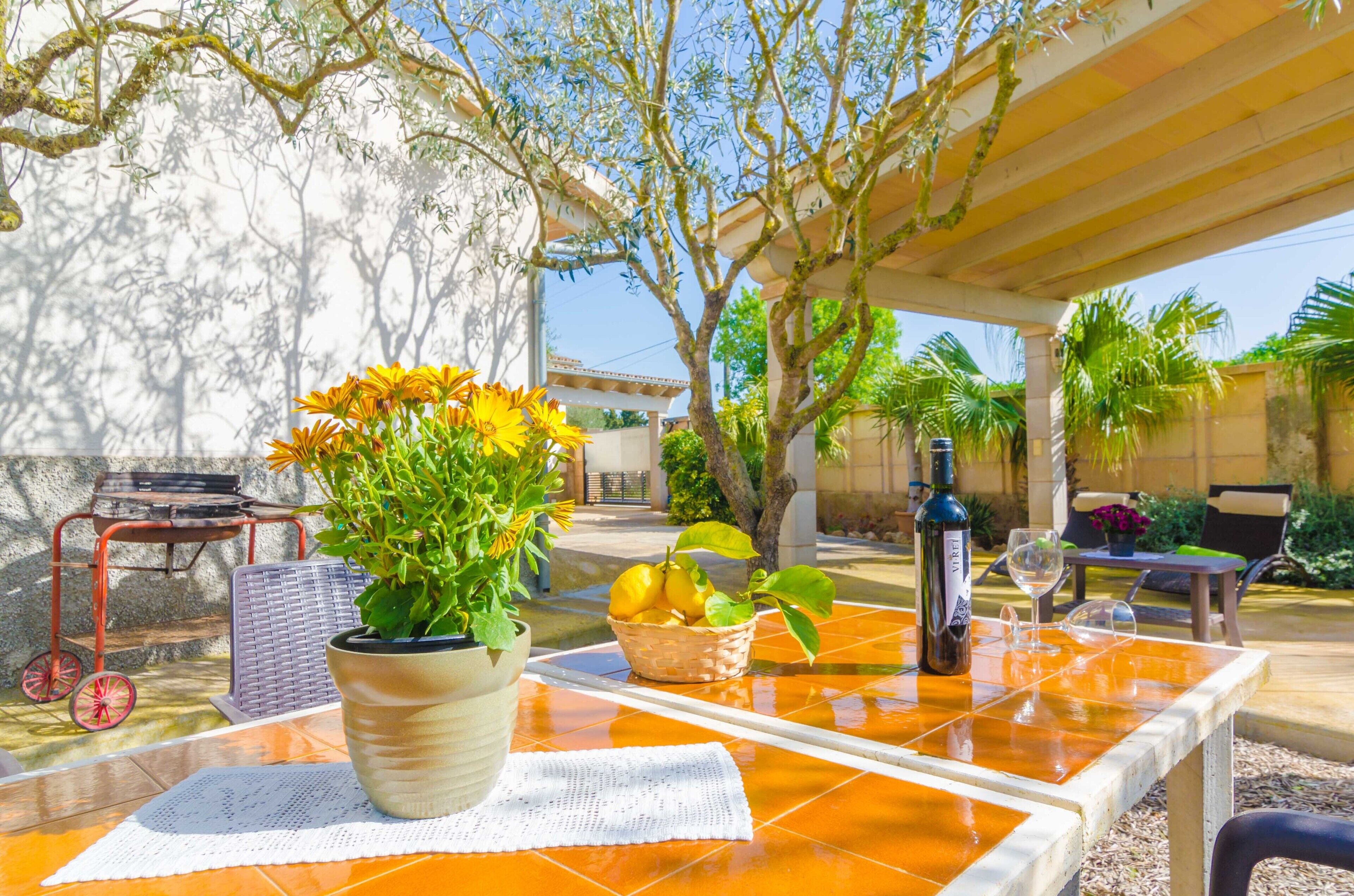 Une terrasse extérieure avec une table dressée pour le repas, une plante en pot, un panier de citrons et une bouteille de vin.