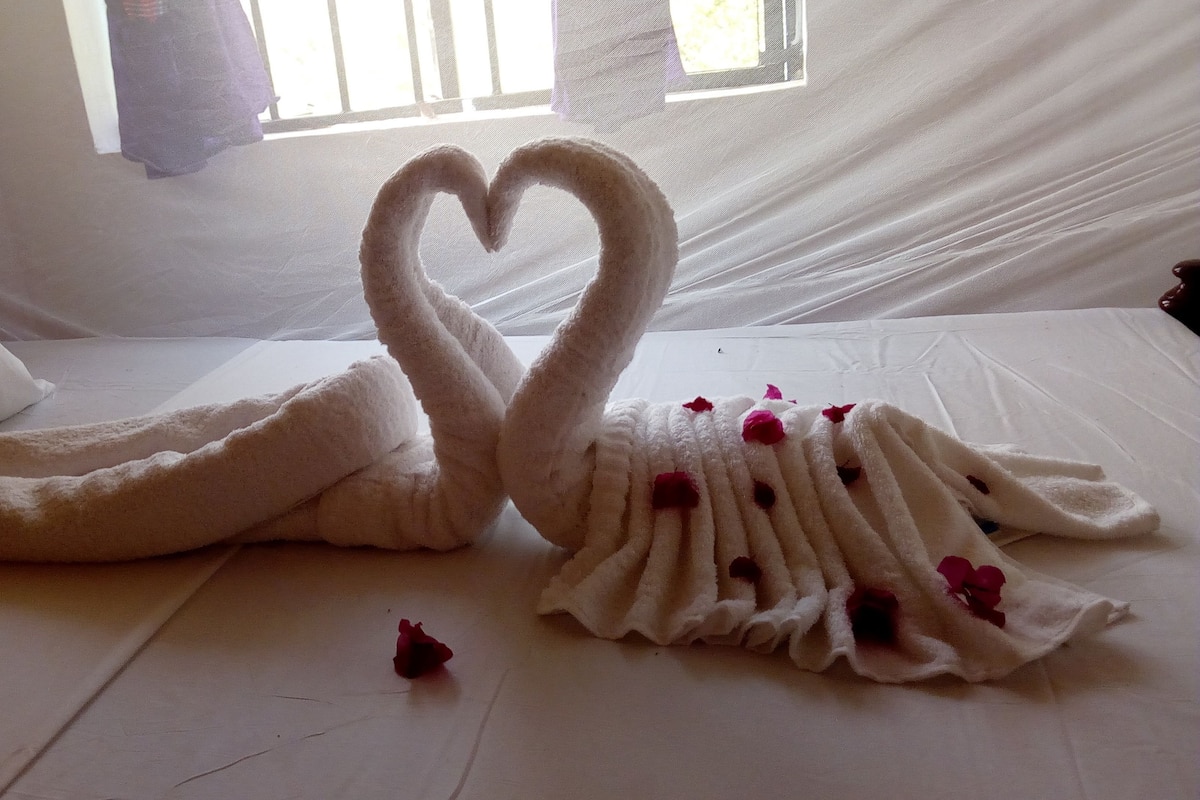 Cama com toalha em formato de coração e pétalas de rosas espalhadas.