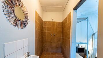 A bathroom with a shower, a sink, and a mirror.