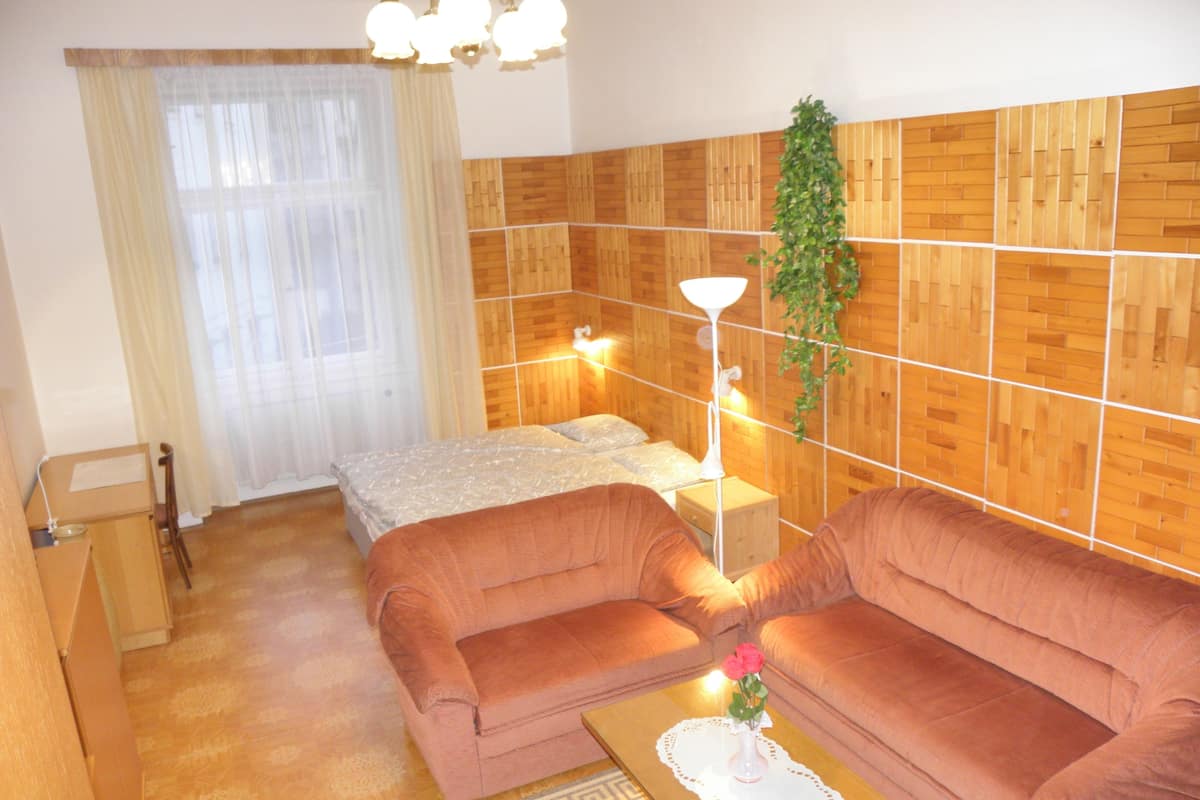 A compact room with a bed, two sofas, a small table with a vase, and a wooden wall with a plant.