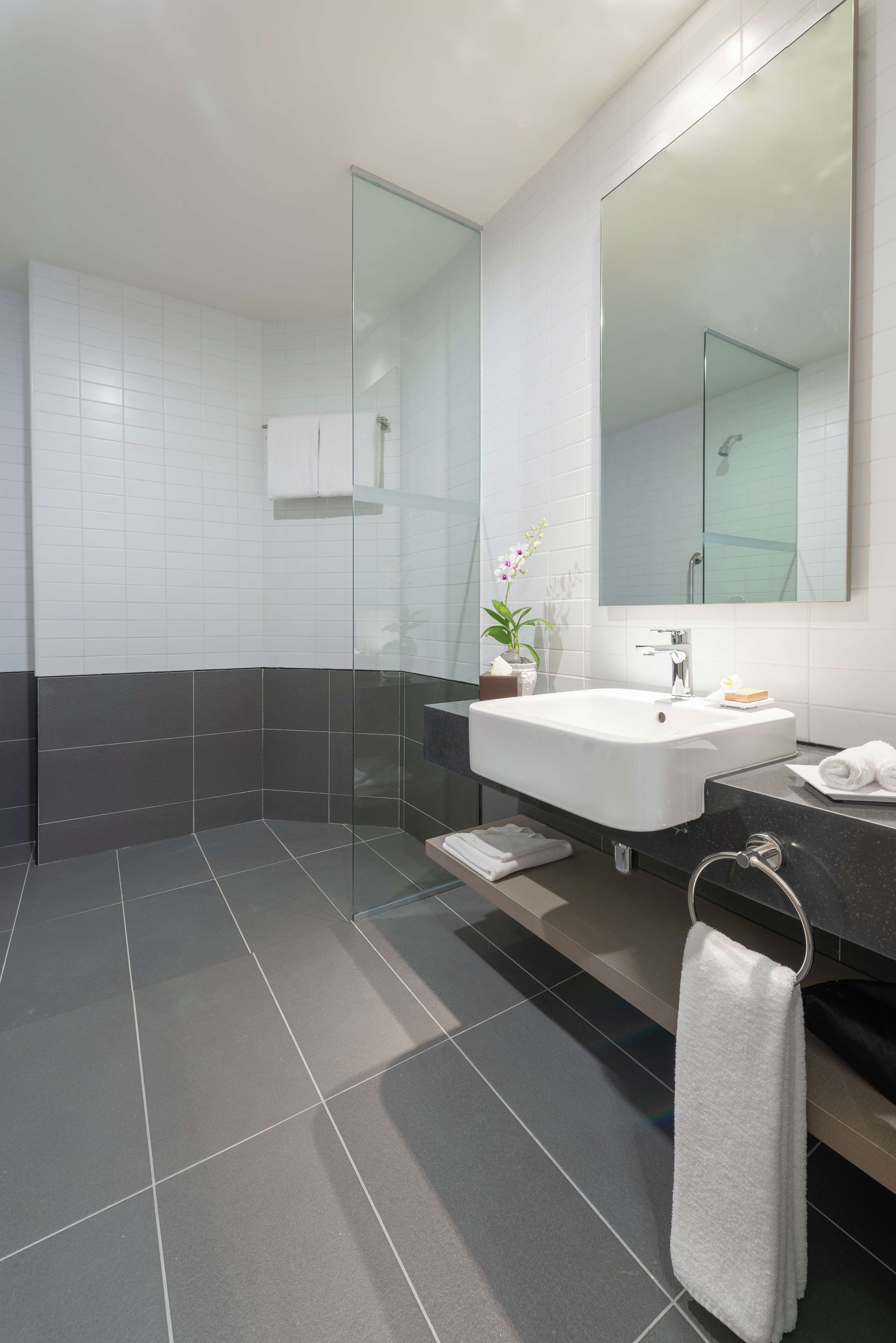 A modern bathroom with a glass shower enclosure, a white sink, and a large mirror.