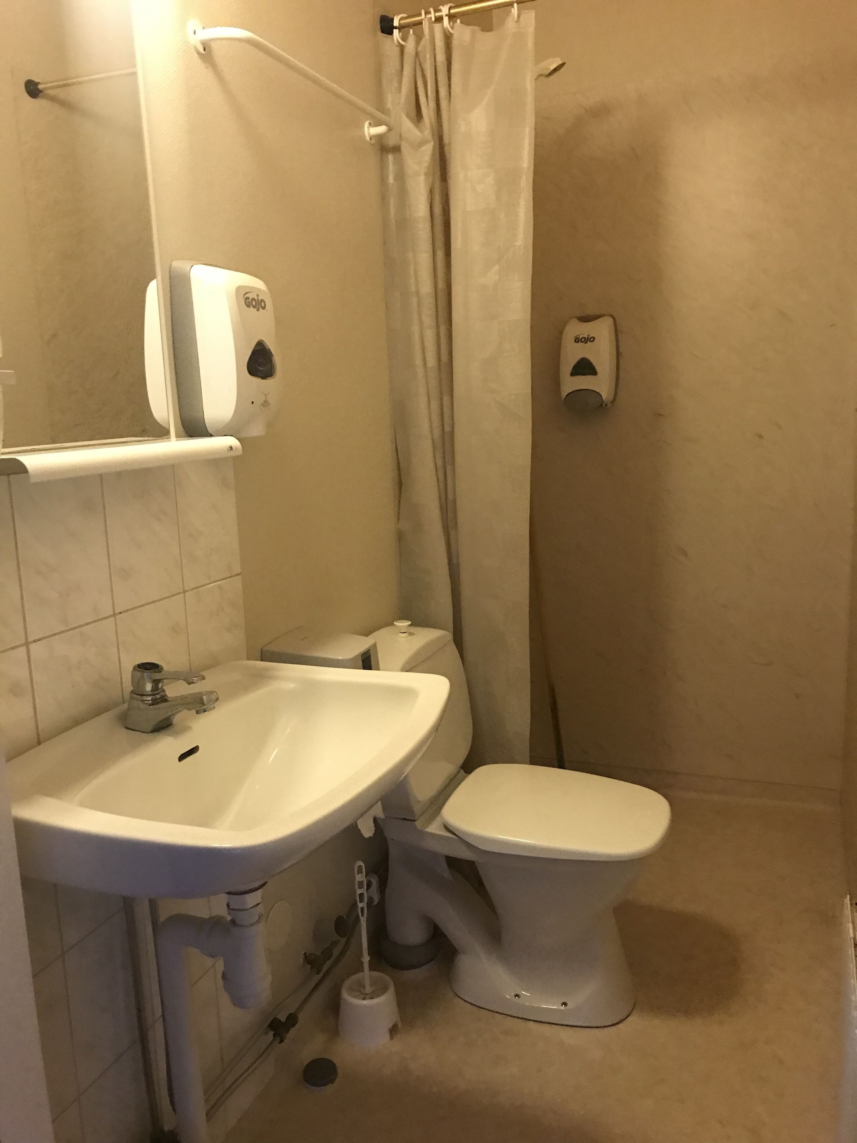 A bathroom with a sink, toilet, and shower curtain.