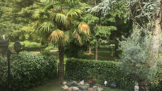 A garden with a white lounge chair, a small table, and a statue. - B&B Luisa (Bergamo)