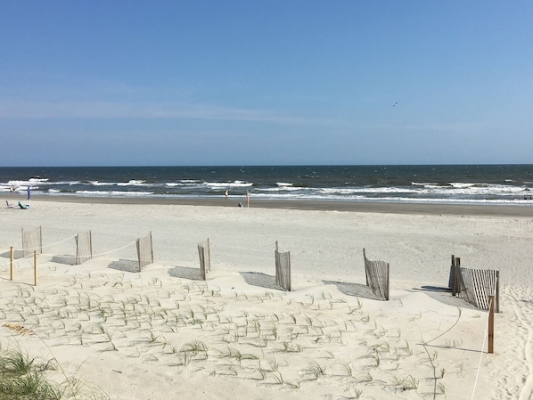 A beach with a sandy area, a wooden fence, and the ocean in the background.