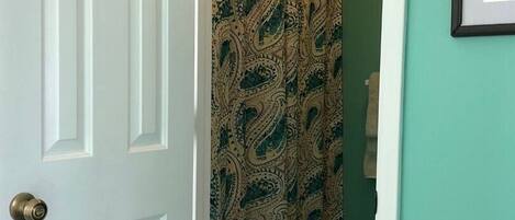 A white door with a brass doorknob, a patterned shower curtain, and a framed picture on the wall.