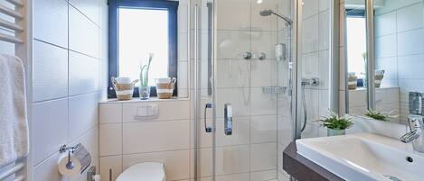 A modern bathroom with a glass-enclosed shower, a white toilet, and a large sink with a mirror above it.