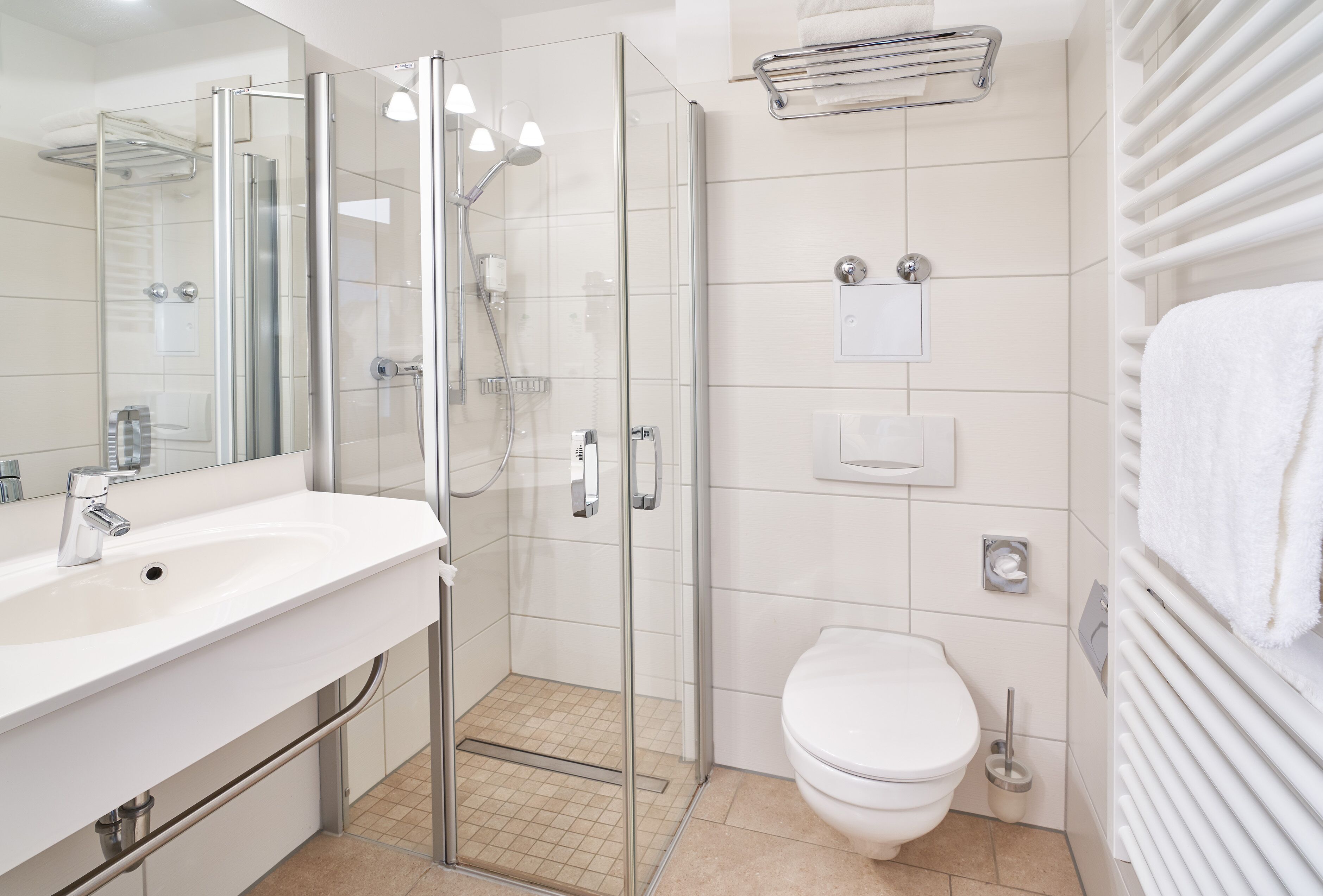 A modern bathroom with a glass-enclosed shower, a white sink, and a toilet.
