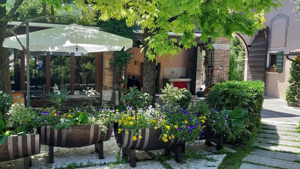 Un jardín con jardineras de madera llenas de flores, un pabellón con sombrillas y un edificio de ladrillo al fondo.