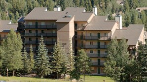 A multi-story residential building with balconies, surrounded by trees and set against a forested hillside. - Vantage Point 210 3 Bedroom Condo by RedAwning (Vail)