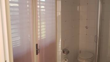 Un bagno con il water, una doccia e un dispenser di carta igienica.