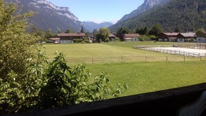 A rural setting with a large open field, several buildings with red roofs, and mountains in the background. - Haus Alpenrose (Waidring)
