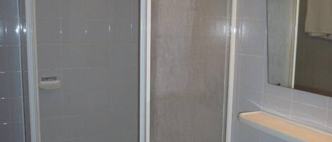 Ein Badezimmer mit Dusche, Waschbecken und Spiegel.