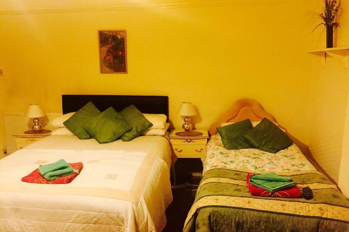 A room with two beds, each with a nightstand and lamp. There is a painting on the wall and a small shelf with a plant.