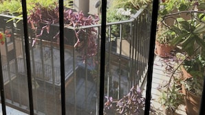 Vista a través de una ventana con celosía metálica, que muestra un jardín con diversas plantas y un edificio al fondo.
