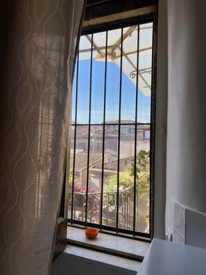 A window with metal bars, a view of a mountain, and a balcony with a bowl. - The Artist Home Catania Centro (Catania)