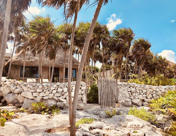 A thatched-roof structure with a stone wall in front, surrounded by palm trees and tropical vegetation.