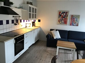 Departamento superior, 1 habitación, cocina | Cocina privada | Refrigerador con congelador, horno, parrilla de estufa y lavavajillas 