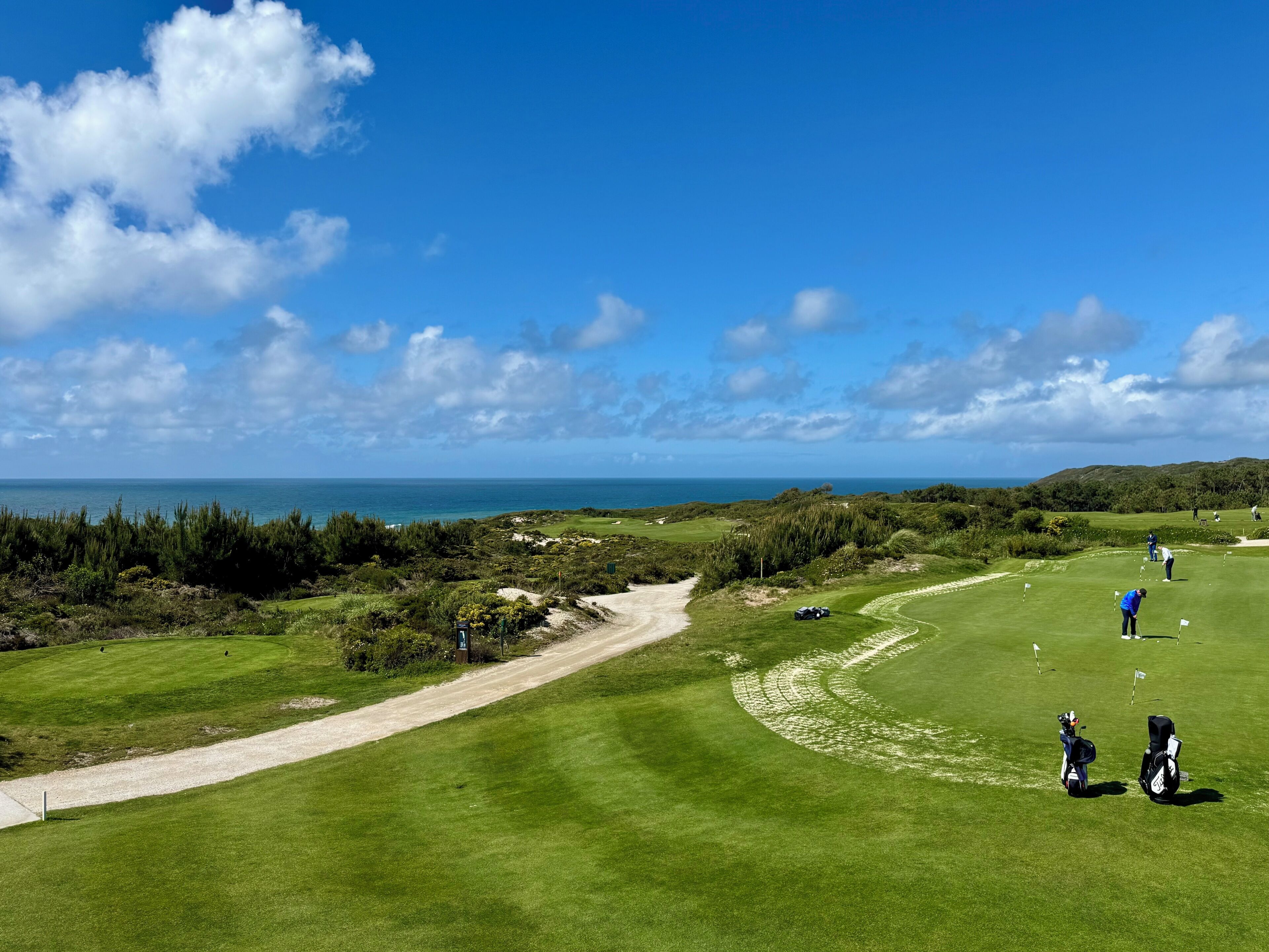 Un campo de golf con un sendero despejado, una masa de agua y colinas a lo lejos.