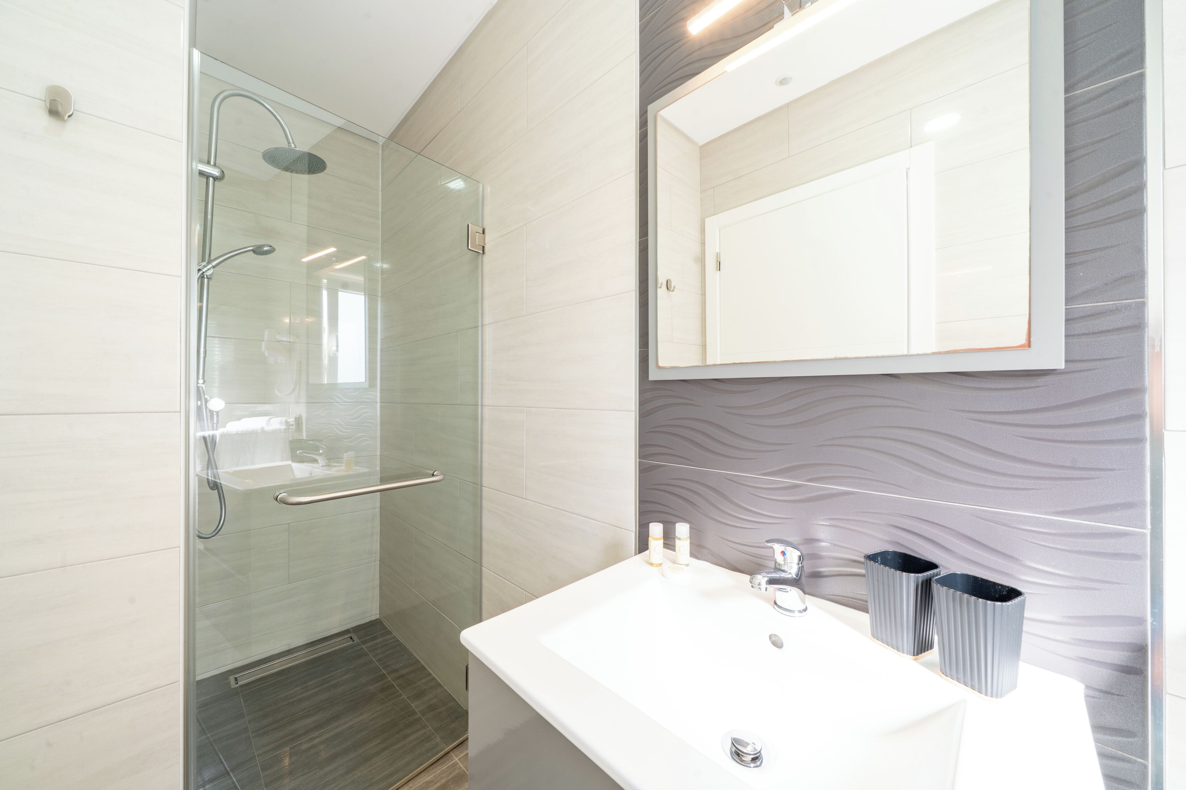 Une salle de bain moderne avec une douche à parois de verre, un lavabo blanc et un grand miroir.