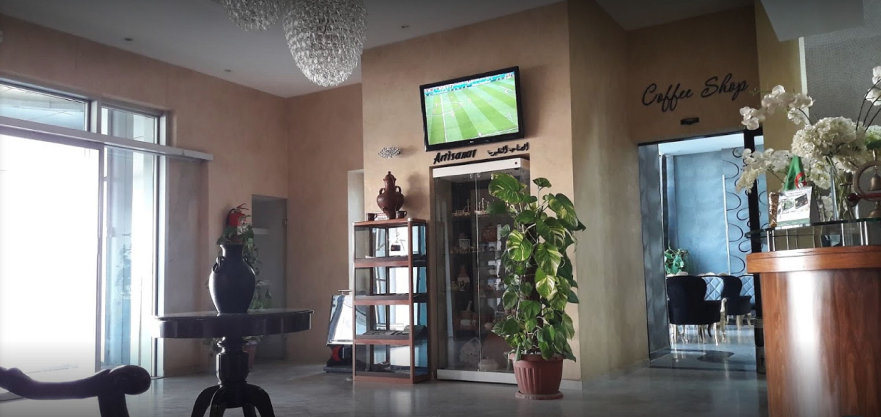 A lobby with a television, a coffee shop sign, a bookshelf, and a potted plant.