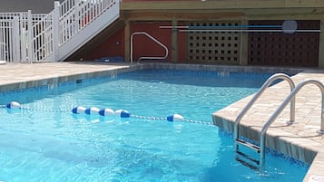 Seasonal outdoor pool, sun loungers