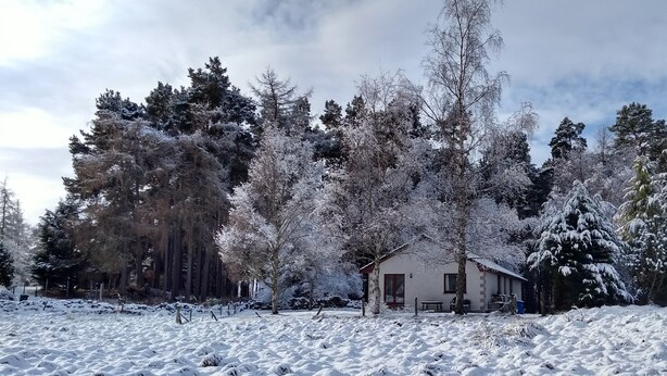 A snow-covered landscape with a small cabin surrounded by trees. - Pet-friendly holiday home in the quiet hamlet of Drumguish (Kingussie)