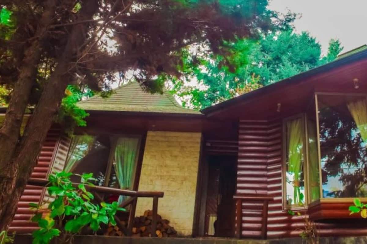 Una cabaña rústica con techo inclinado, ventanas amplias y chimenea.