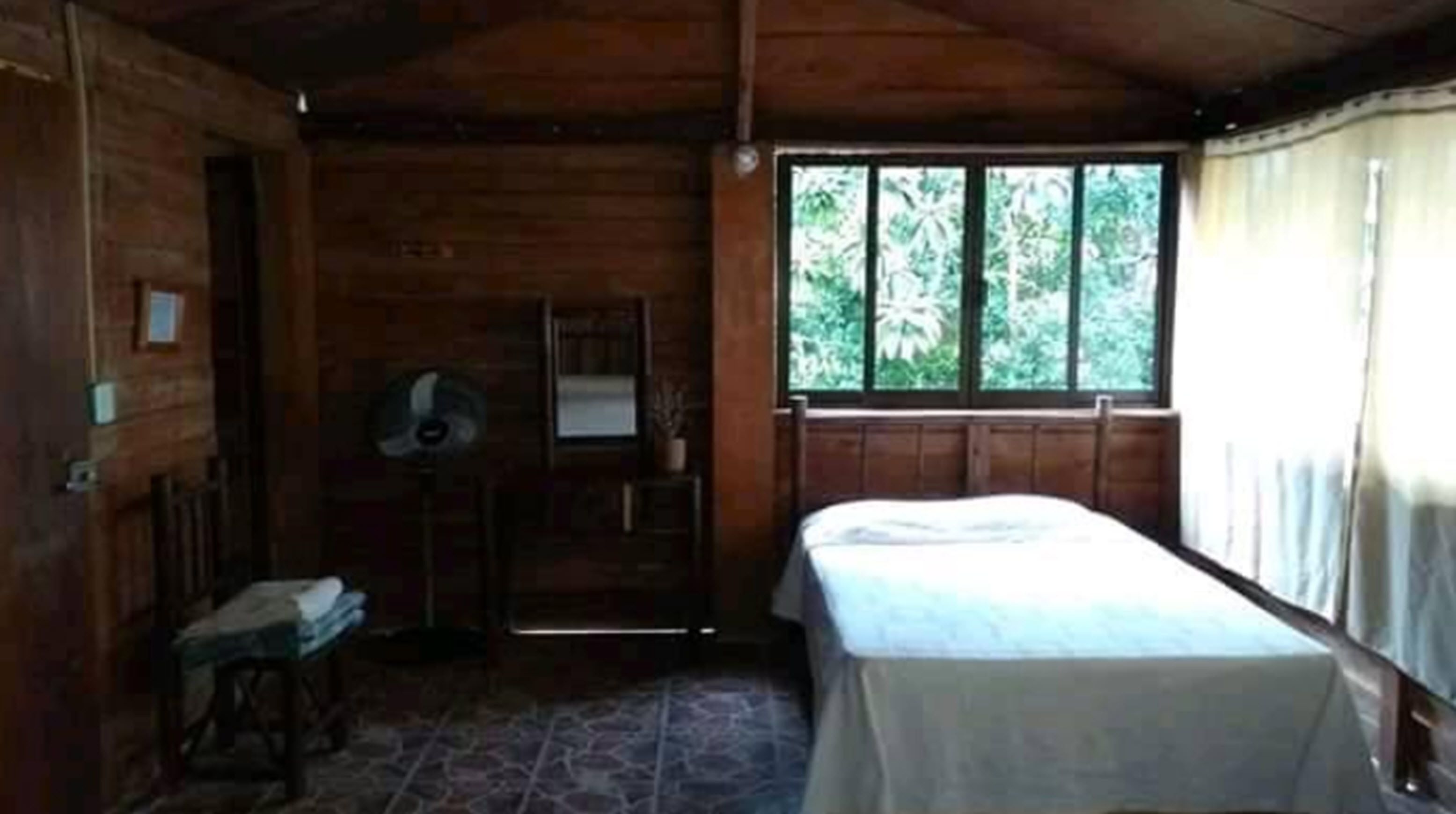 A wooden room with a bed, a desk, and a window with a view of greenery.