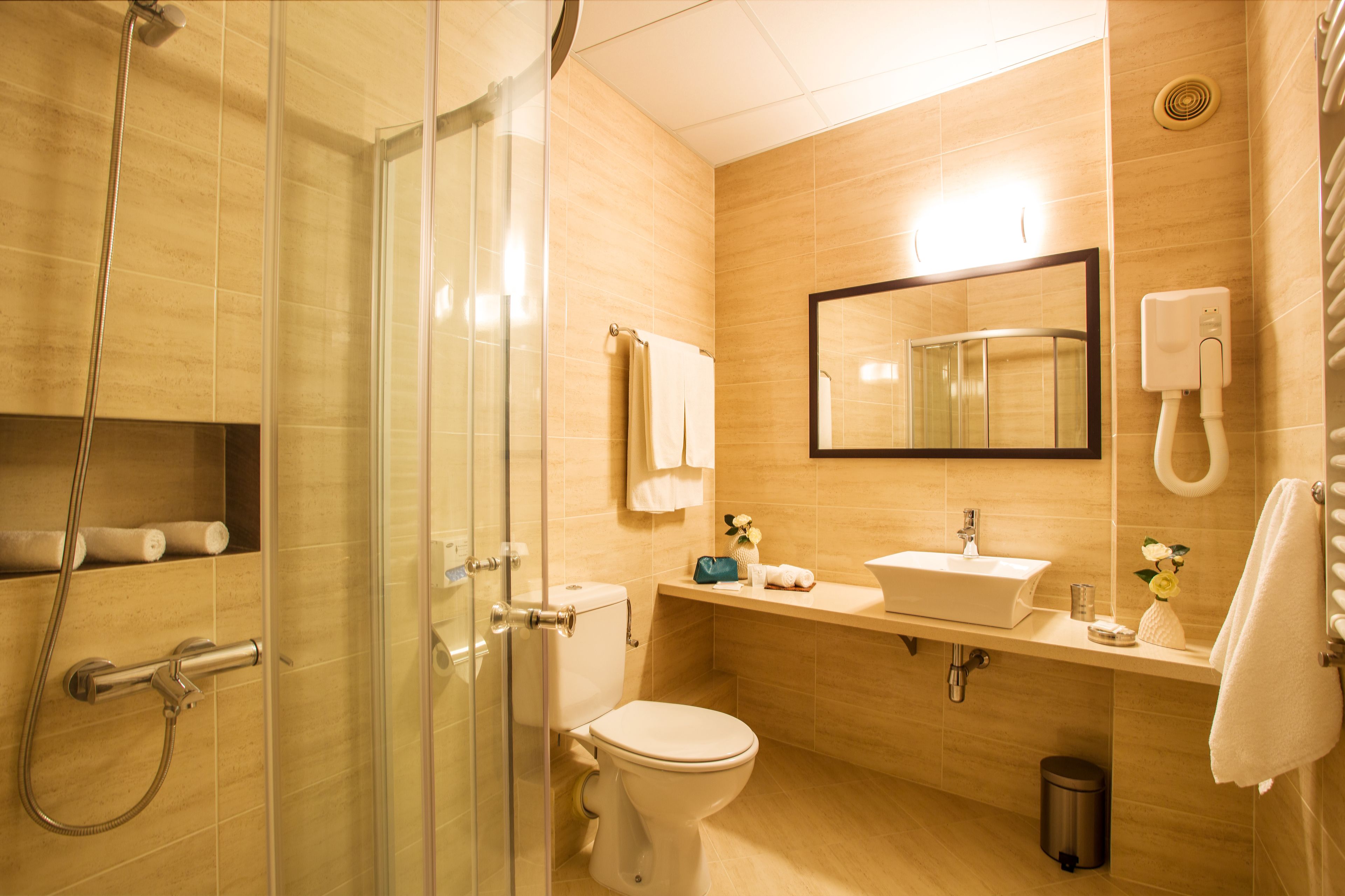 business suite, 1 king bed | bathroom | shower, free toiletries, hair dryer, towels