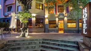 A hotel entrance with steps leading up to the door, a sign above the door, and a tree in the foreground. - Hotel Villa Boyana (Sofia)