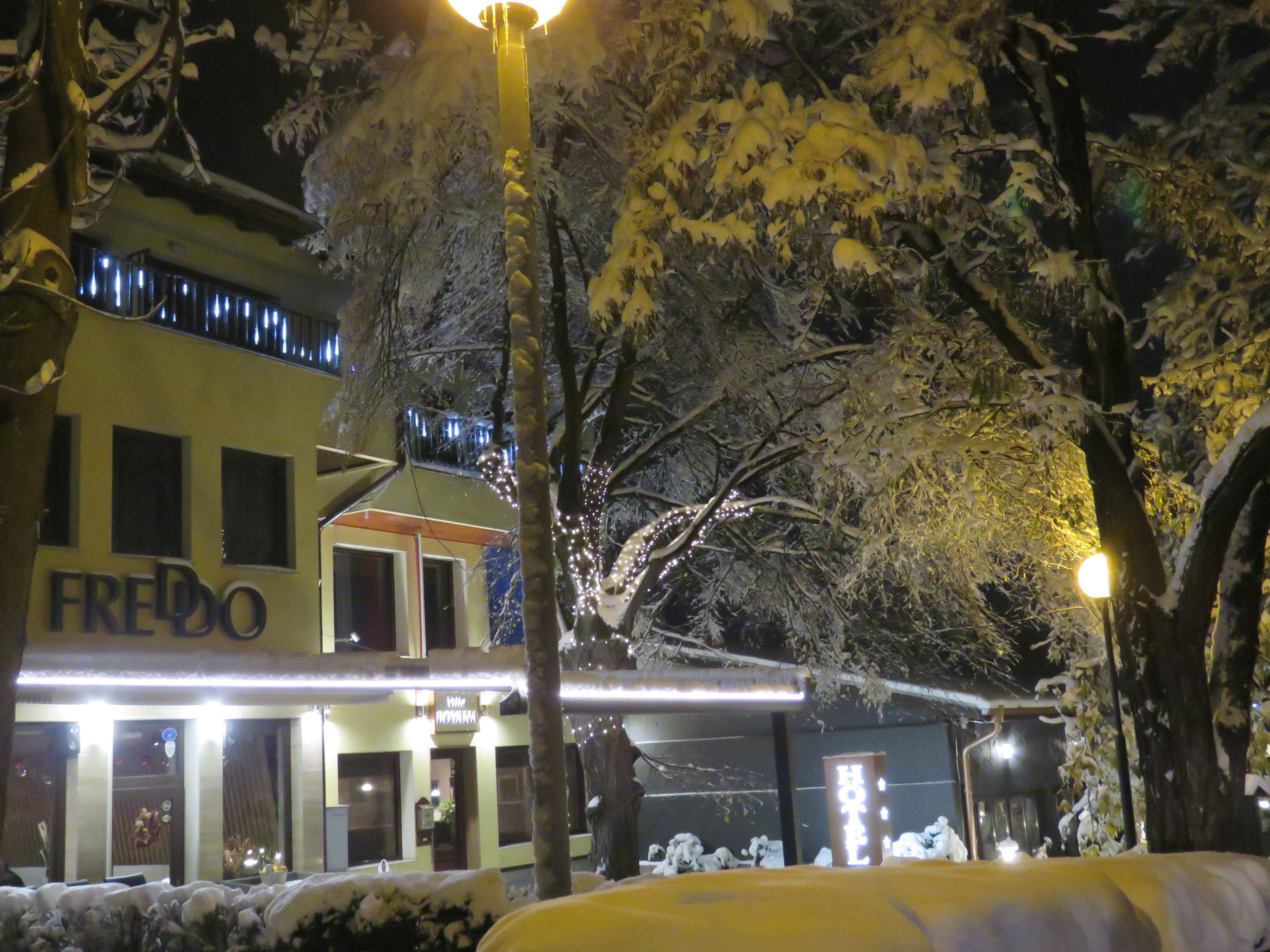 A hotel named 'FREDO' with a modern facade, large windows, and a visible entrance.