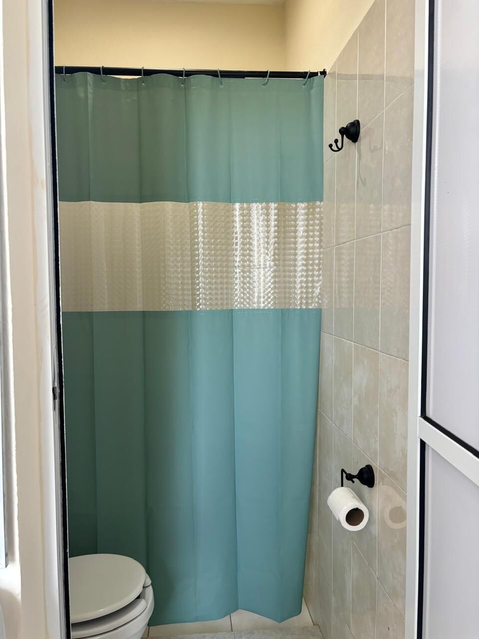 A bathroom with a shower curtain, a toilet, and a wall-mounted toilet paper holder.