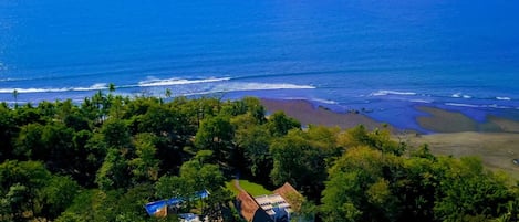 Une propriété située sur la côte, avec une maison entourée d’une végétation luxuriante, offrant une vue sur une plage aux eaux d’un bleu cristallin.
