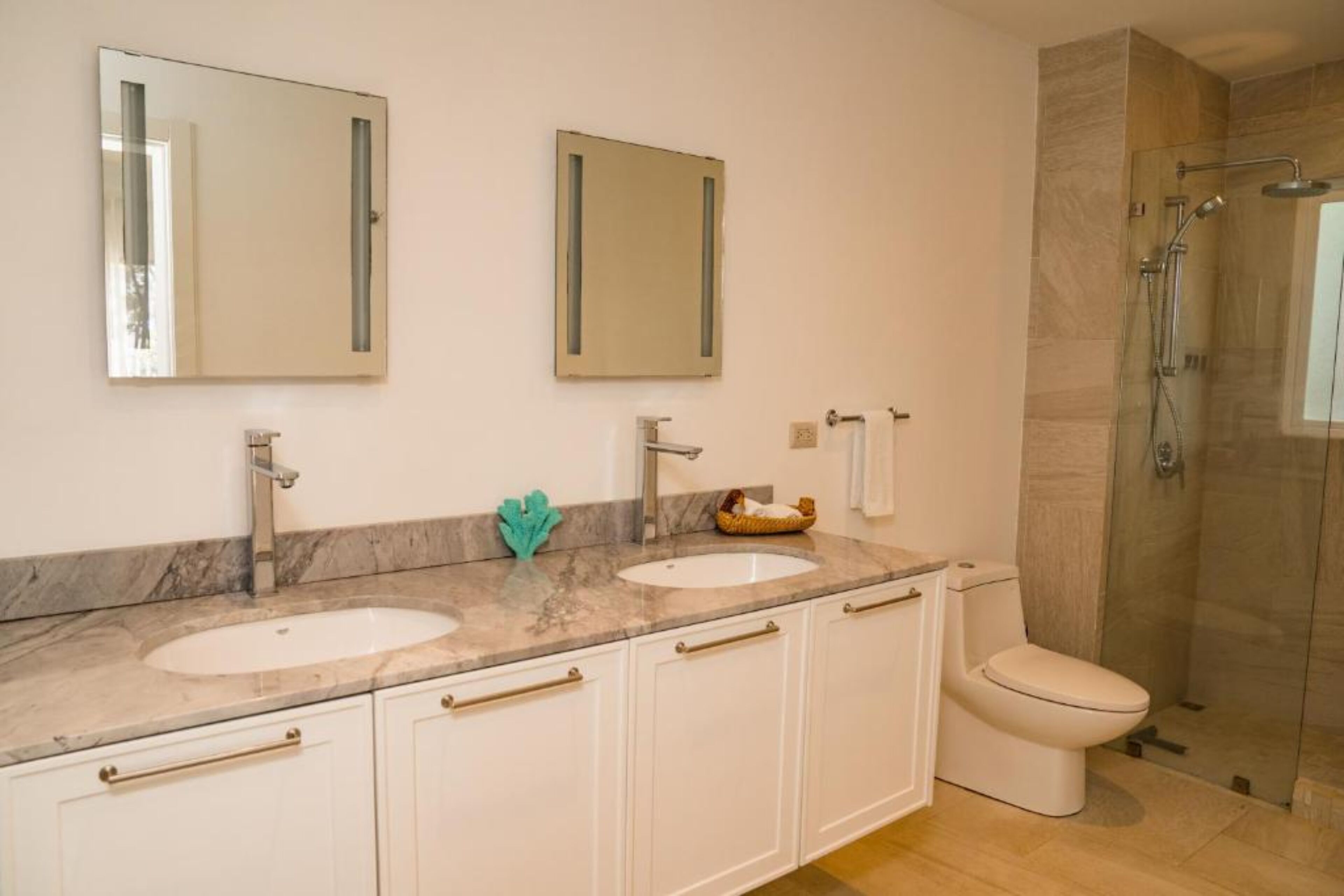 A bathroom with two sinks, a toilet, and a glass-enclosed shower.