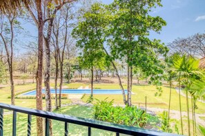 Un área de piscina con vistas despejadas al agua, rodeada de árboles y follaje.