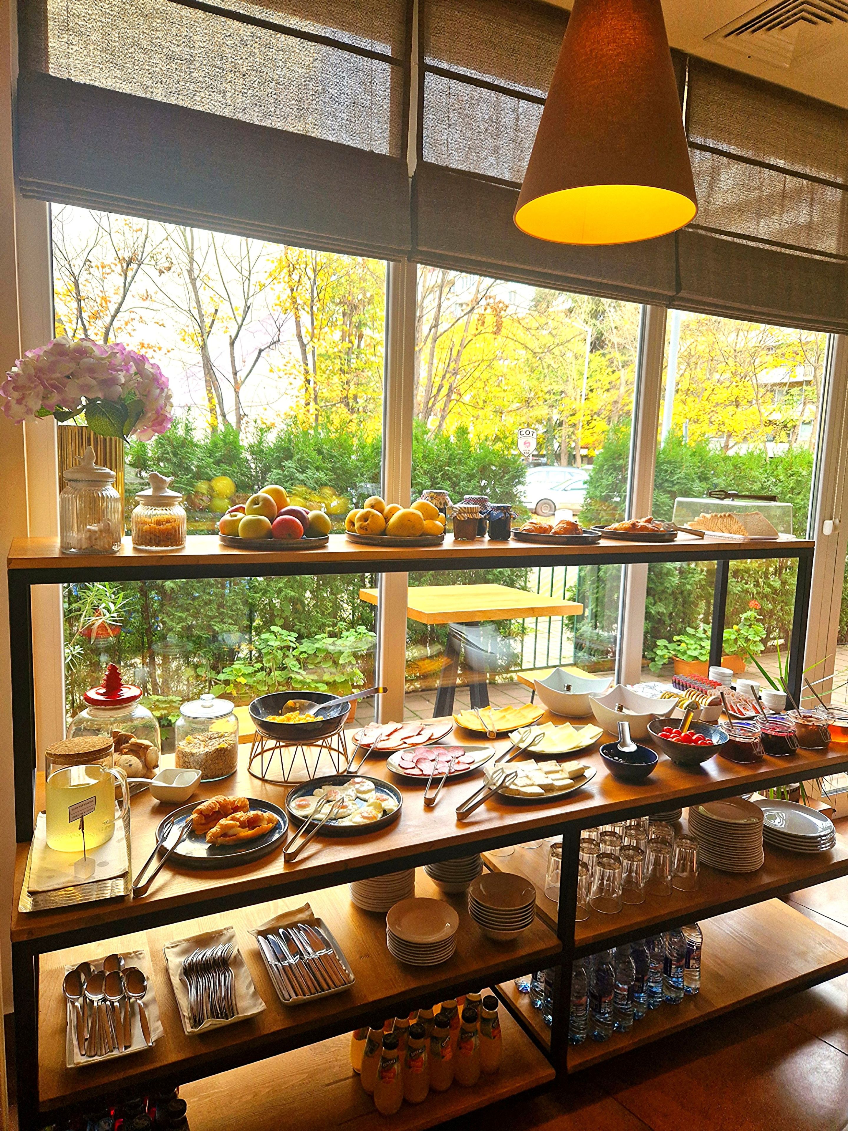 A breakfast buffet with a variety of food items and utensils, set against a backdrop of a window with a view of trees and a car.