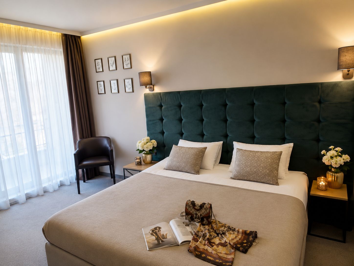 Ein Hotelzimmer mit einem großen Bett, einem Sessel, einem Nachttisch mit Lampe und einem fenster mit Vorhängen.