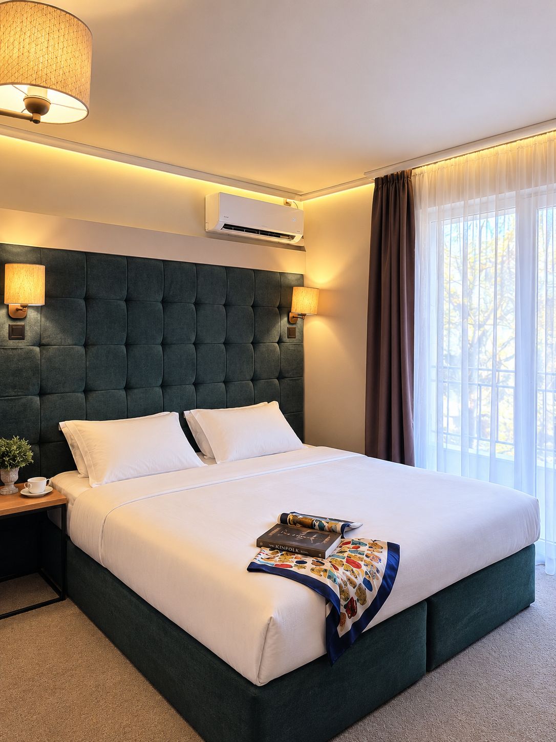 A hotel room with a large bed, two bedside lamps, an air conditioning unit, a window with curtains, and a small table with a cup and a plant.