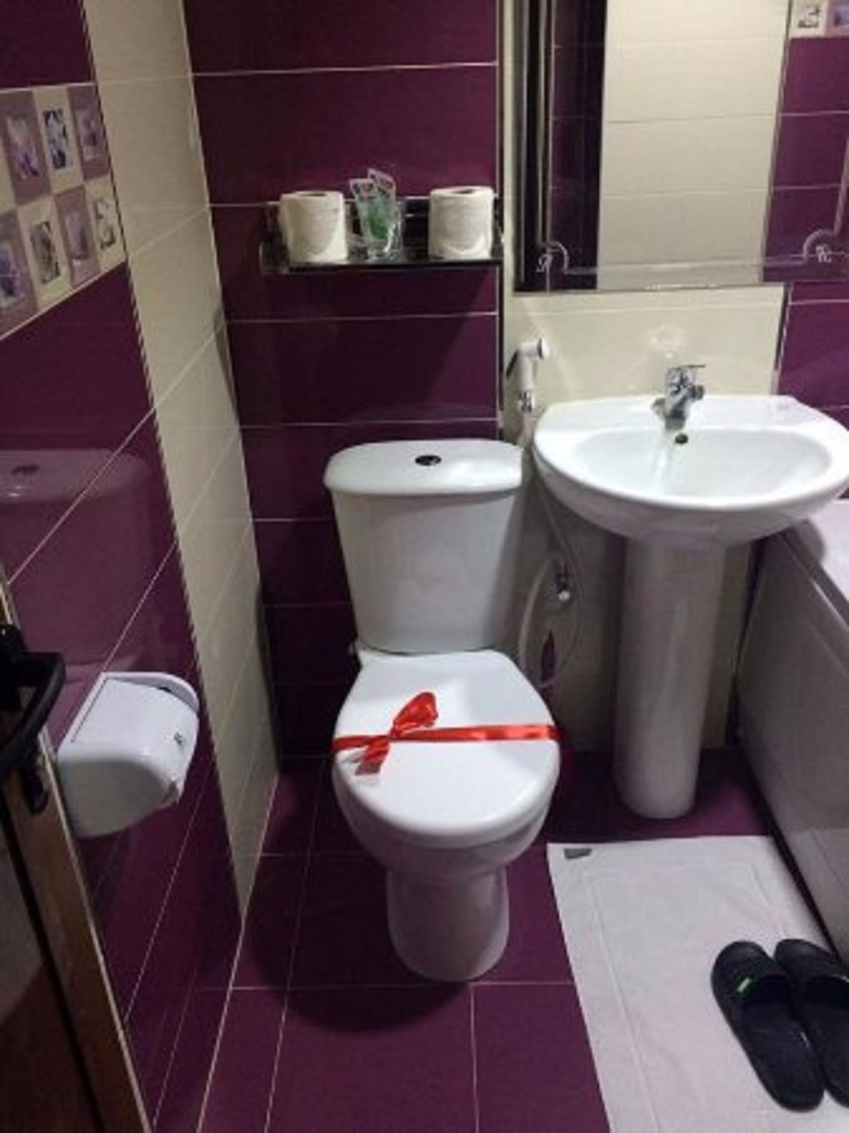 A bathroom with a toilet, sink, and a red ribbon on the toilet seat.