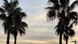 Una playa con palmeras y un faro al fondo.