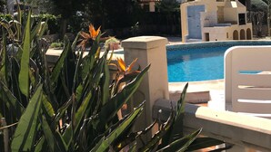A pool area with a clear blue pool, surrounded by palm trees and a building with a tiled roof. - Charming holiday home Casa Belitta in Javea / Costa Nova (Xàbia)