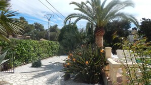 A paved garden path with white gravel, surrounded by lush greenery including palm trees and flowering plants. - Charming holiday home Casa Belitta in Javea / Costa Nova (Xàbia)