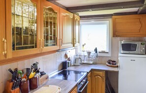 Kühlschrank, Mikrowelle, Herdplatte, Wasserkocher mit Kaffee-/Teezubehör