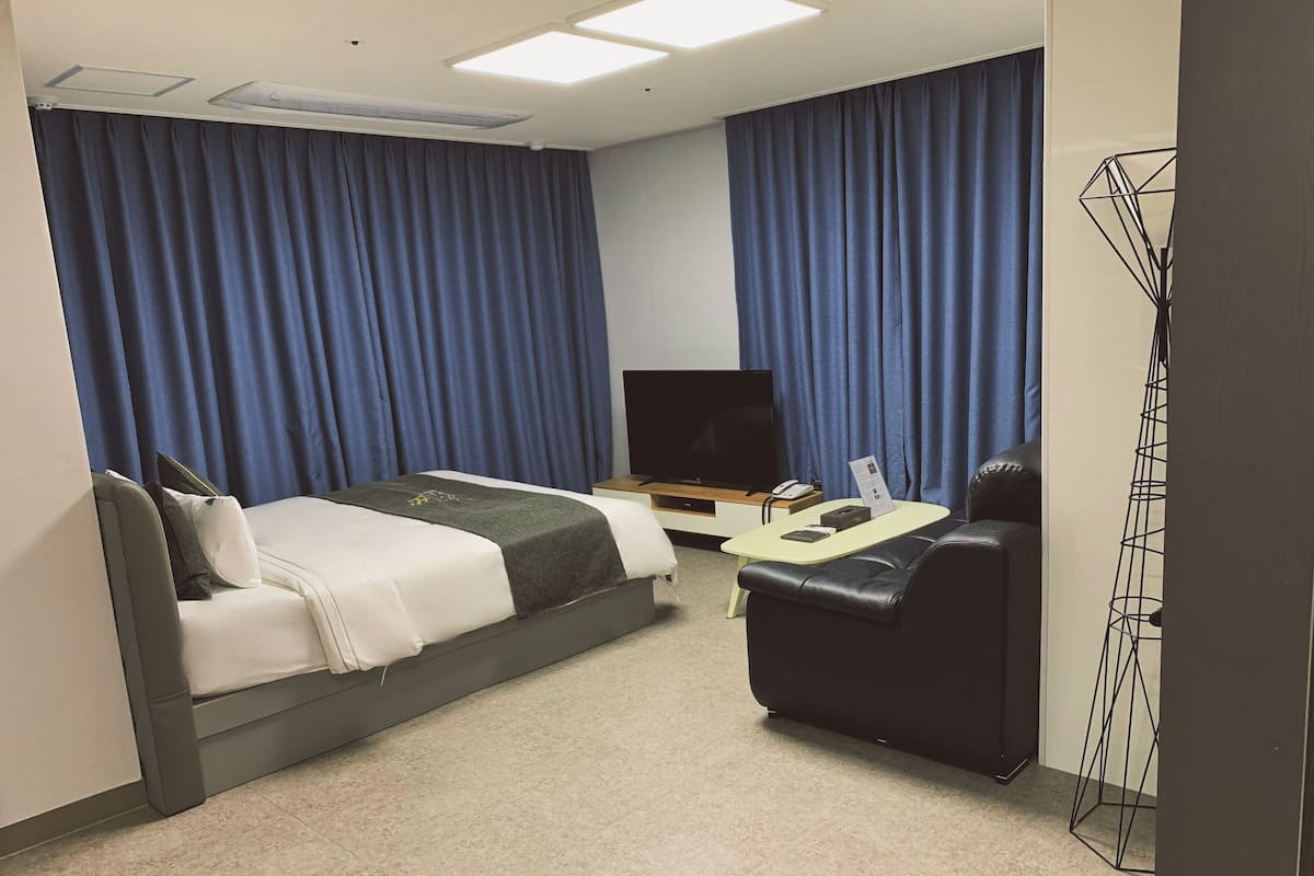 A hotel room with a bed, a sofa, a TV, and a desk.