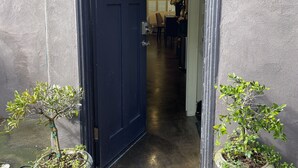 A dark blue door leading into a hallway with a potted plant on the left and another on the right.