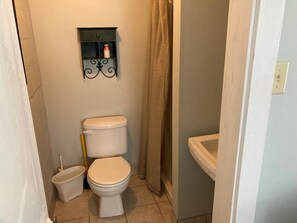 Een badkamer met toilet, een hygiëneschuimer, een klein plankje met een fles en een douchegordijn.