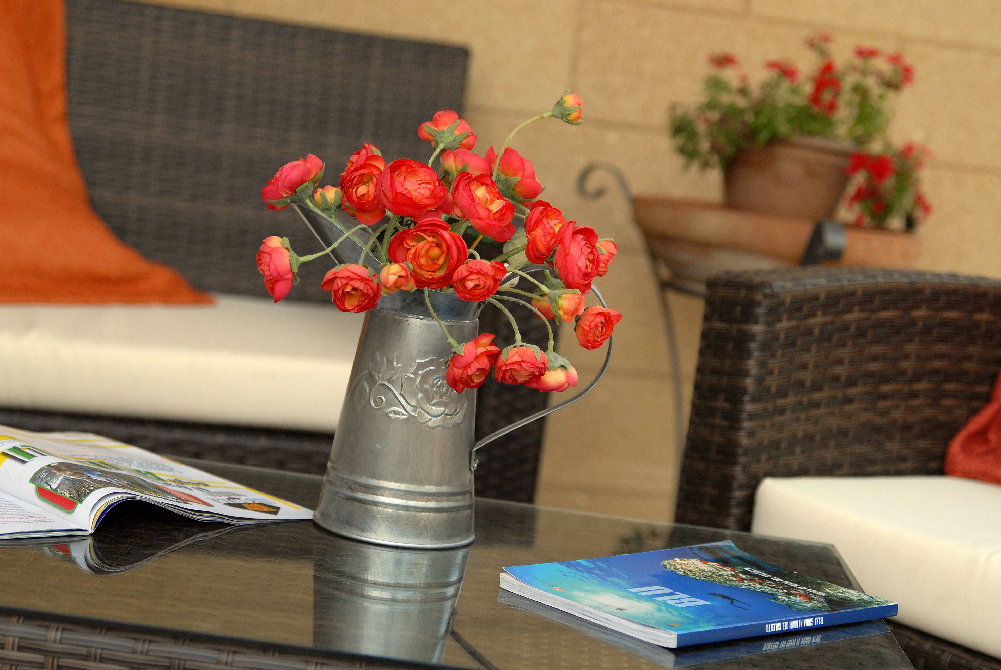 A metal vase with red flowers on a glass table, a magazine, and a blue book.